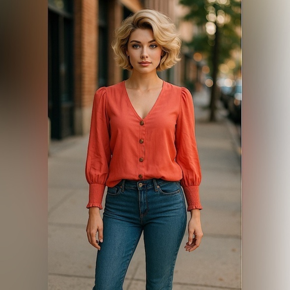 Stella & Dot Coral Gold Button-Up Blouse w/V neck front, smocked forearm 🧡💛